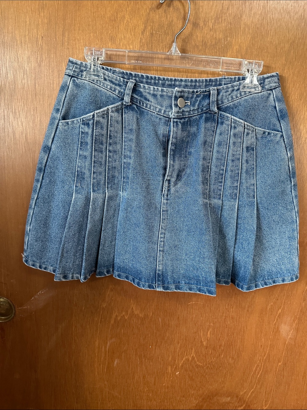 Altar'd State Light Blue Denim Pleated Skater Skirt